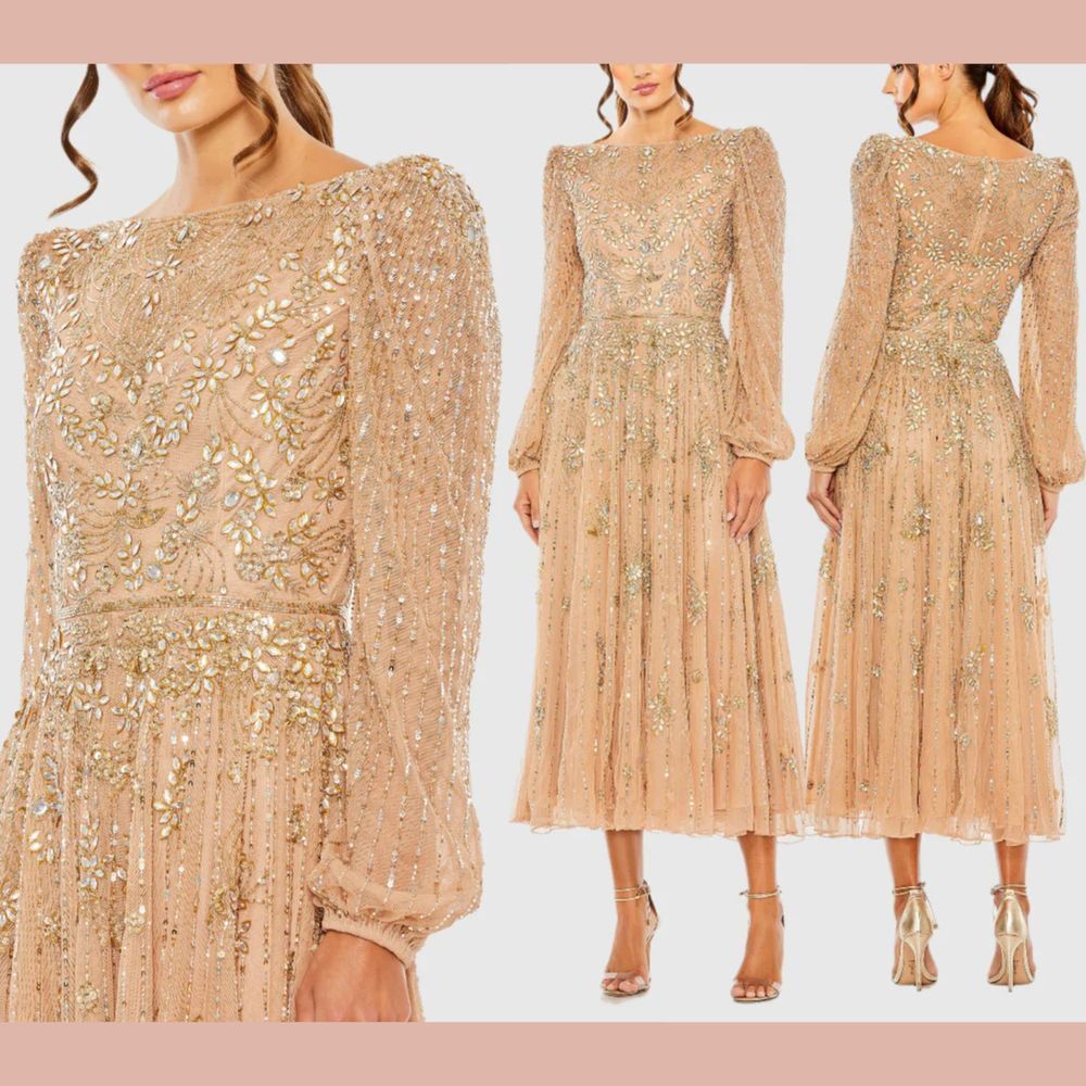 NWT Mac Duggal [ 24 ] 5990 High Neck Puff Long Sleeve A Line Midi Dress‎ Taupe
